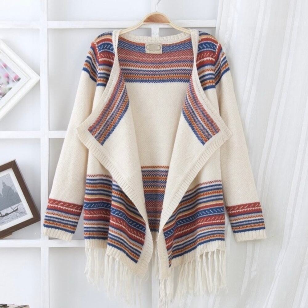 Lascana Womens Jacquard Beach Fair Isles Fringe Cardigan XS NWT NEW Open Front